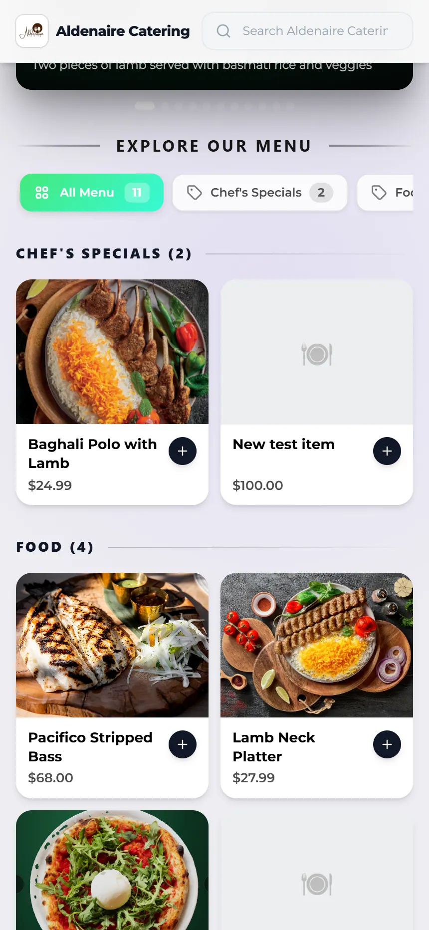 Mobile Dashi ordering menu with cafe items and categories