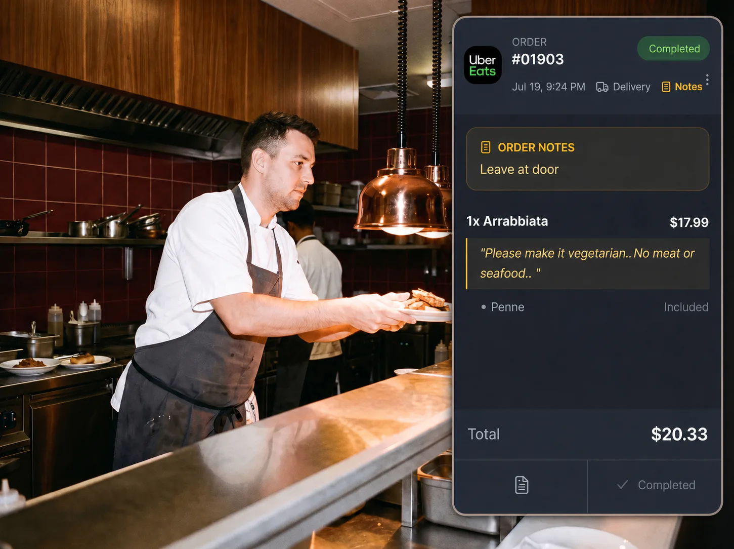 Chef handing off a plated dish with a prominent Dashi delivery order overlay