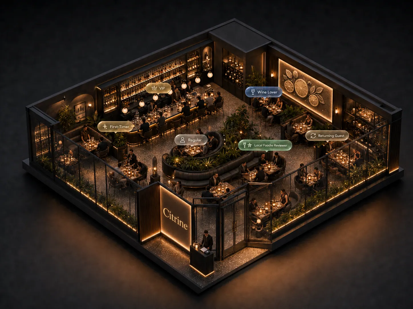 Dining room view with guest profiles and preferences connected to tables