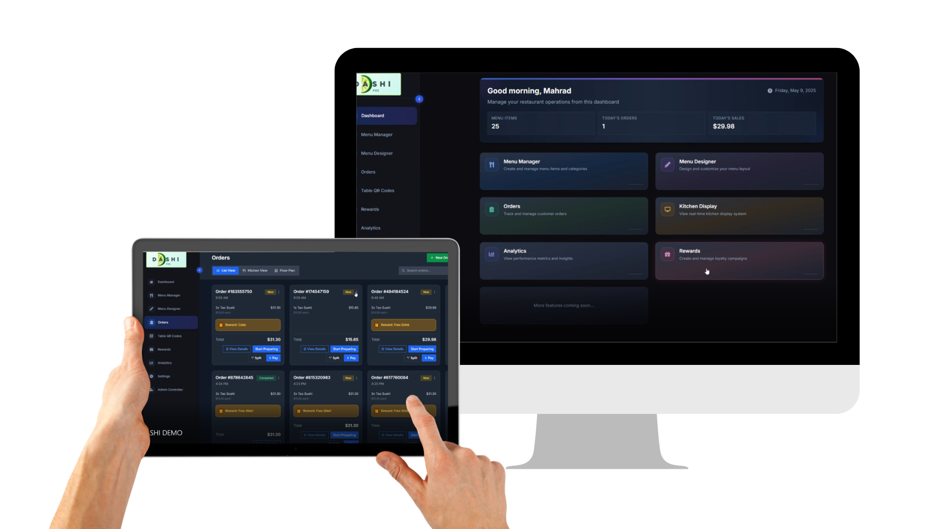 Dashi POS order and restaurant management screens