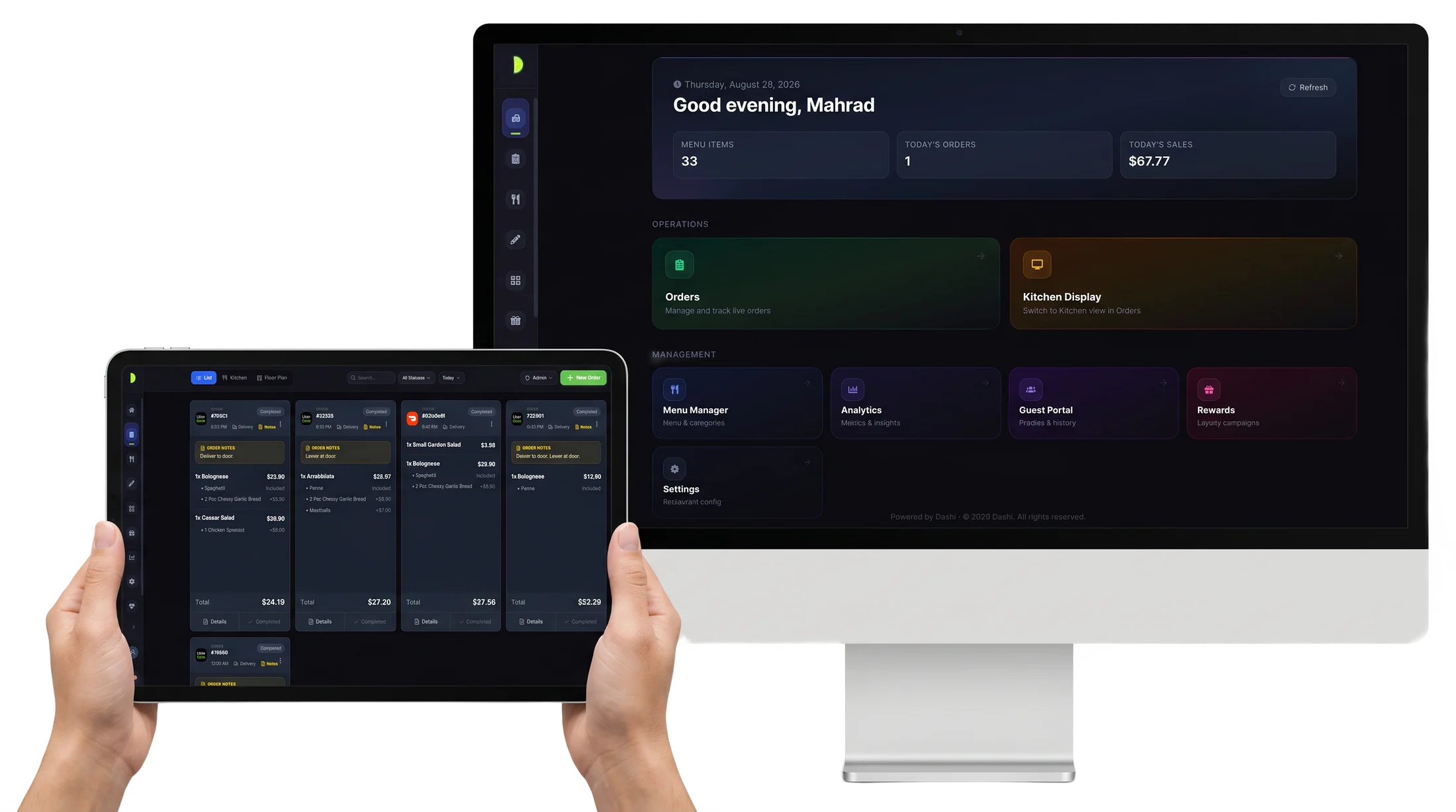 Dashi restaurant dashboard and order management screens