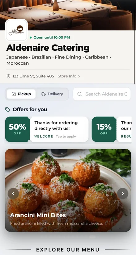 The Dashi Online storefront showing a restaurant menu, offers, and pickup or delivery