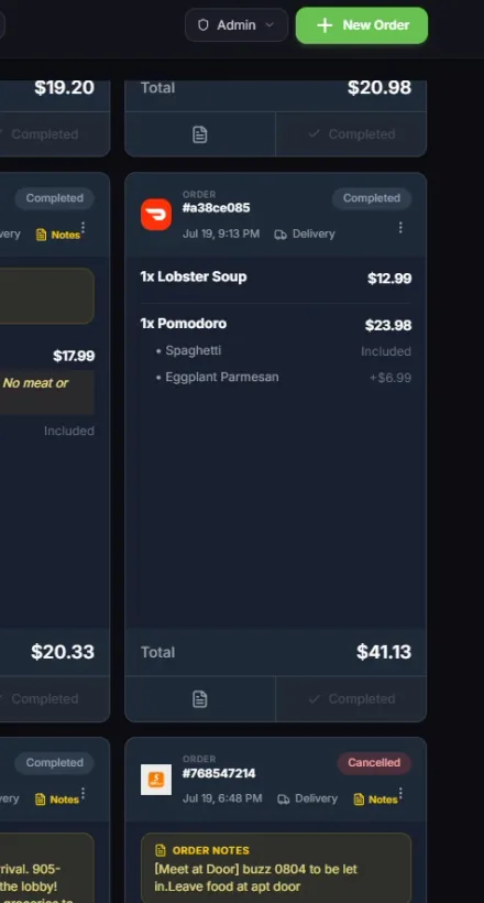 The Dashi order queue showing dine-in and delivery tickets together