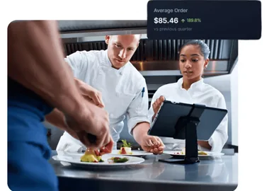 An average order figure shown over a working kitchen